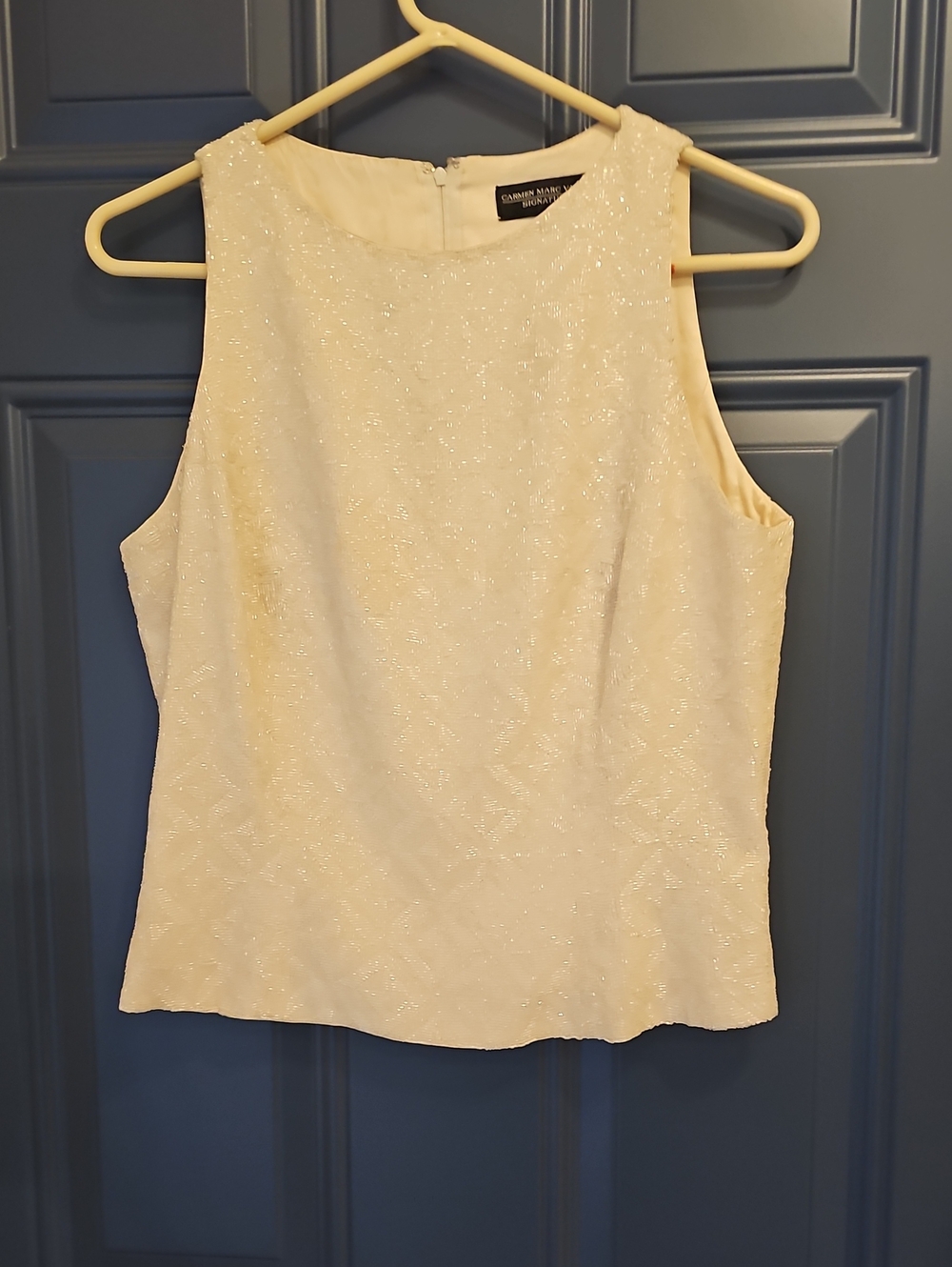 Vintage Size 12 100% Silk Carmen Marc Valvo Cream Embellished Cocktail Top